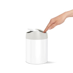 mini bin - white stainless steel w/ grey trim - lifestyle hand image