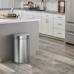 45L semi-round sensor bin - brushed finish - lifestyle up against island